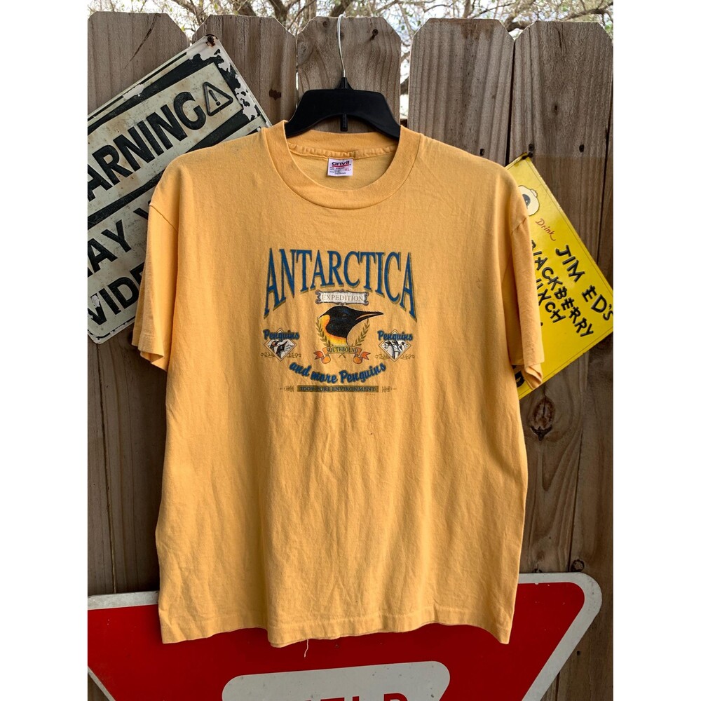 Yellow vintage 90s Antarctica Penguins  100th Anniversary cotton t-shirt XL